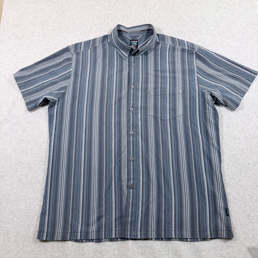 KUHL Button Down Shirt Mens XL Blue Grey‎ Stripe Short Sleeve Outdoor